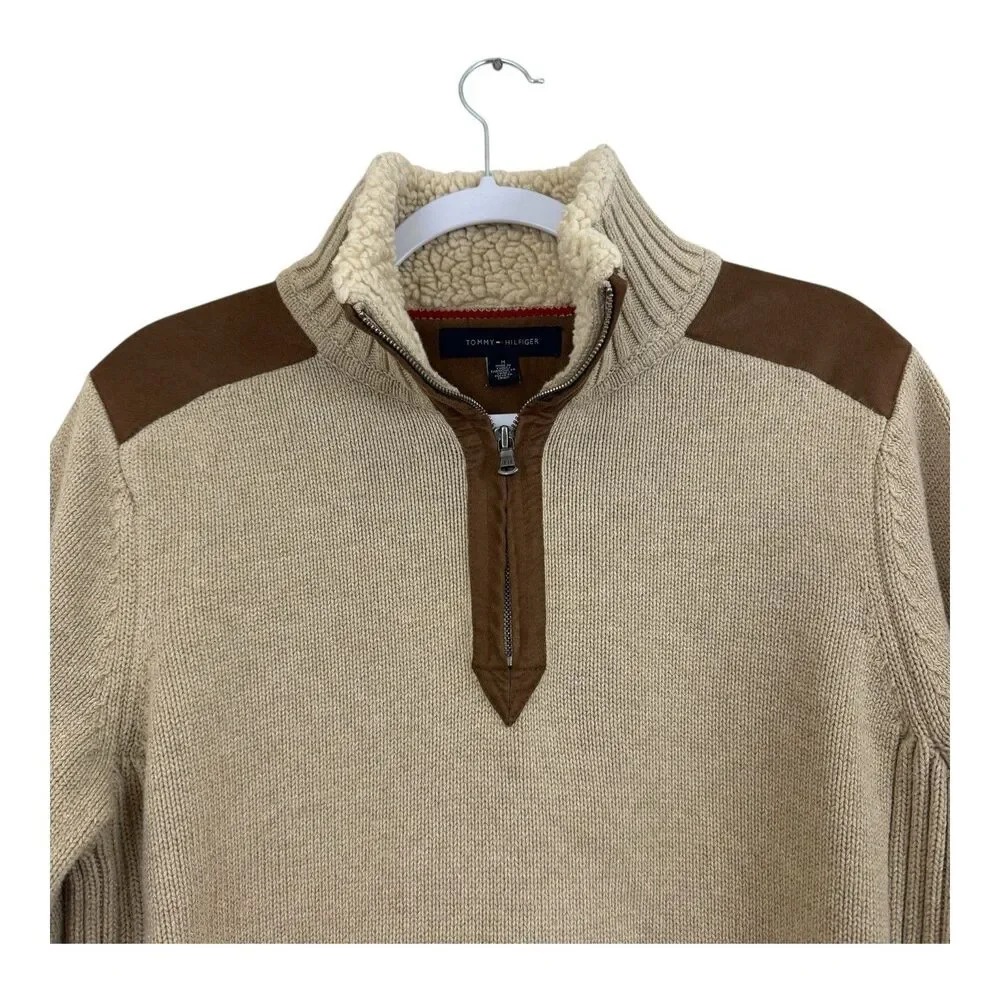 Tommy Hilfiger Zip Sweater Mens Sz M Elbow Patches Knit Sherpa 2009 Academia